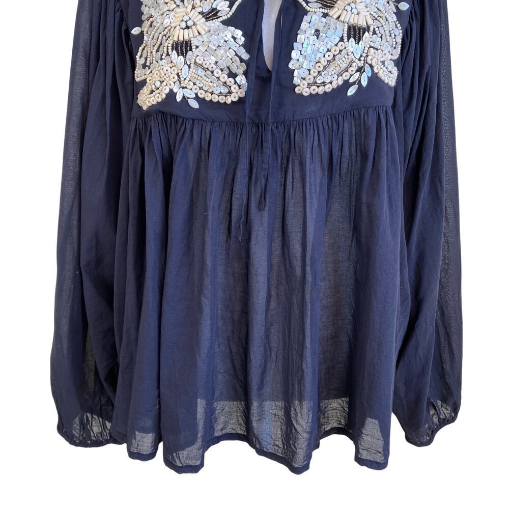 All Saints Sz 8 Dana Top Boho Beaded Peasanst Blouse Tie Neck Black Cream Cotton - Picture 5 of 16